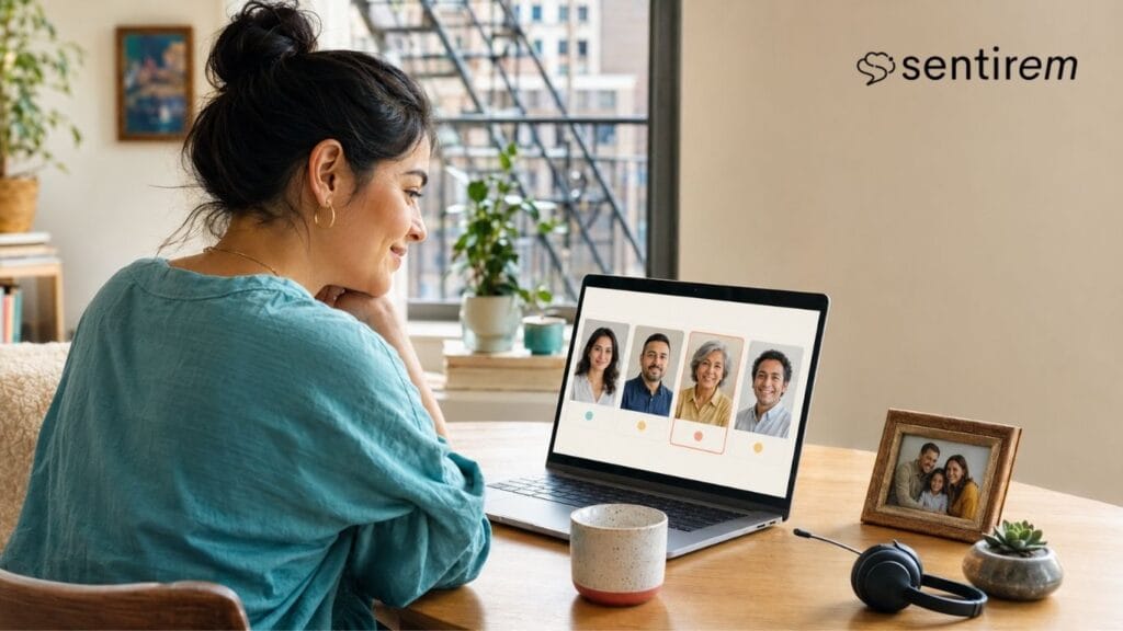 Mujer en una sesión de terapia online con 4 personas en videollamada